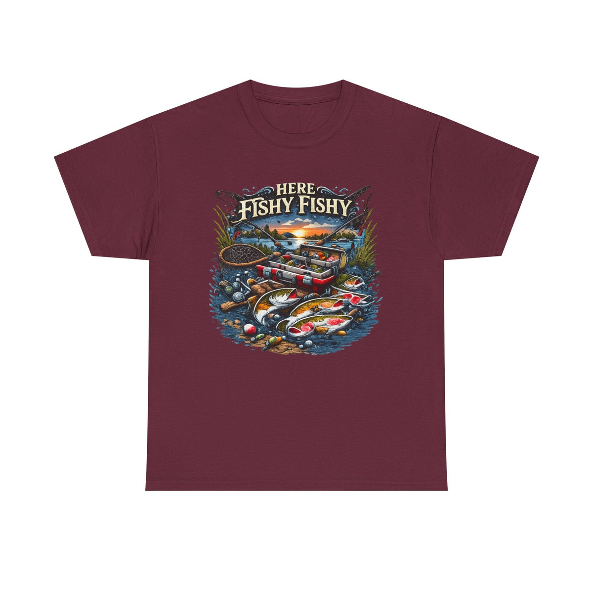 Fishing T‑Shirt — “Here Fishy Fishy” Vintage Boat & Lure Graphic