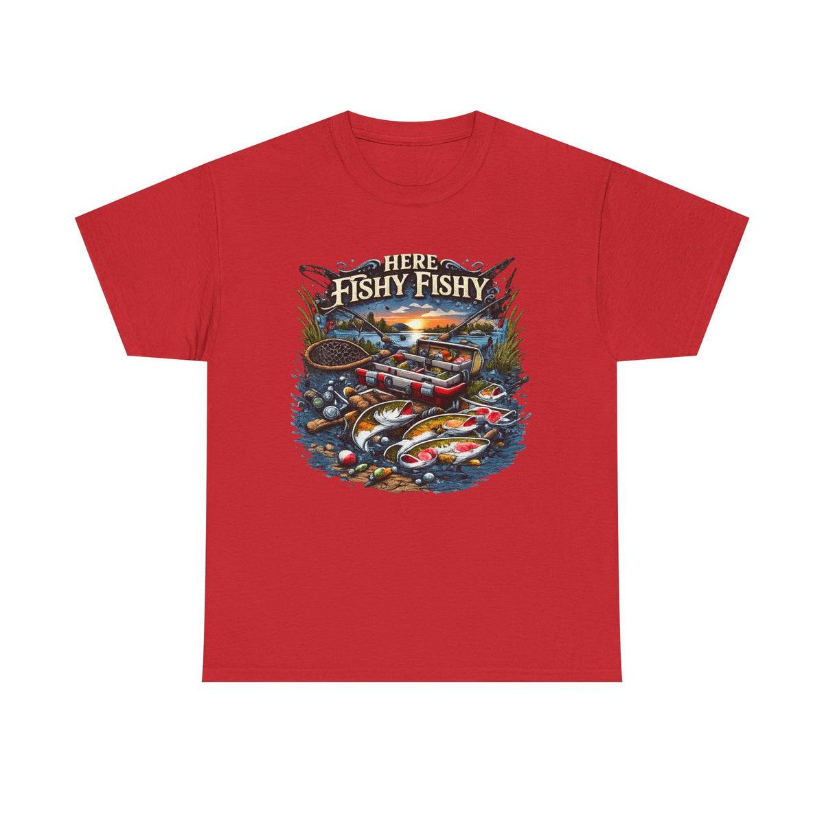 Fishing T‑Shirt — “Here Fishy Fishy” Vintage Boat & Lure Graphic