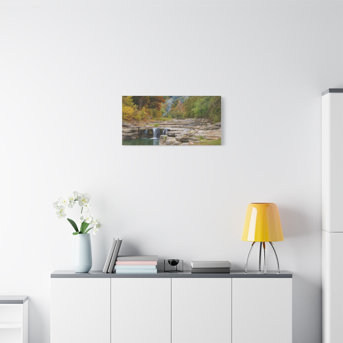 Autumn River Falls Matte Canvas Print — Stretched Landscape Wall Art