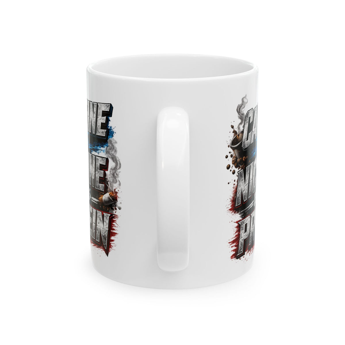 Ceramic Mug — "Caffeine, Nicotine, and Protein" Bold Grunge Coffee Mug (11oz/15oz)