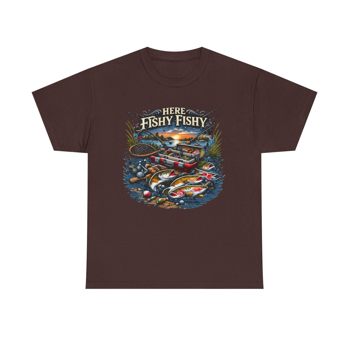 Fishing T‑Shirt — “Here Fishy Fishy” Vintage Boat & Lure Graphic