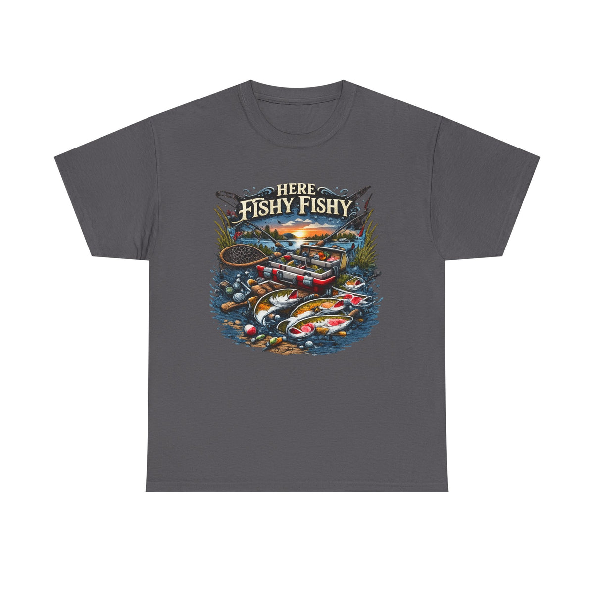 Fishing T‑Shirt — “Here Fishy Fishy” Vintage Boat & Lure Graphic
