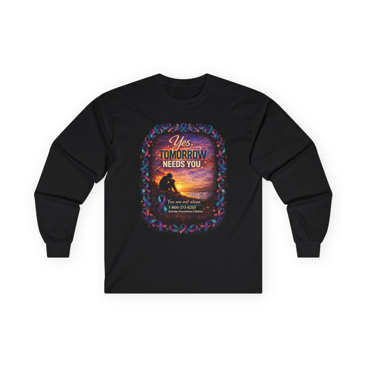 Inspirational Long Sleeve Tee — "Yes, Tomorrow Needs You" Sunset Design