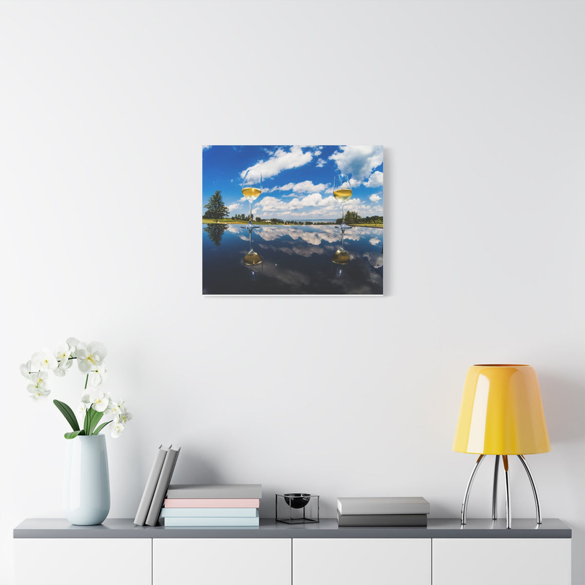 Wine Glass Reflection Canvas Print — Scenic Lake Photography Wall Art