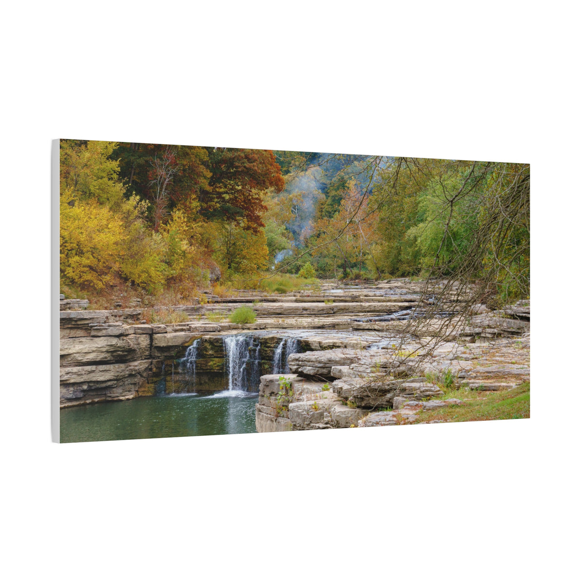 Autumn River Falls Matte Canvas Print — Stretched Landscape Wall Art