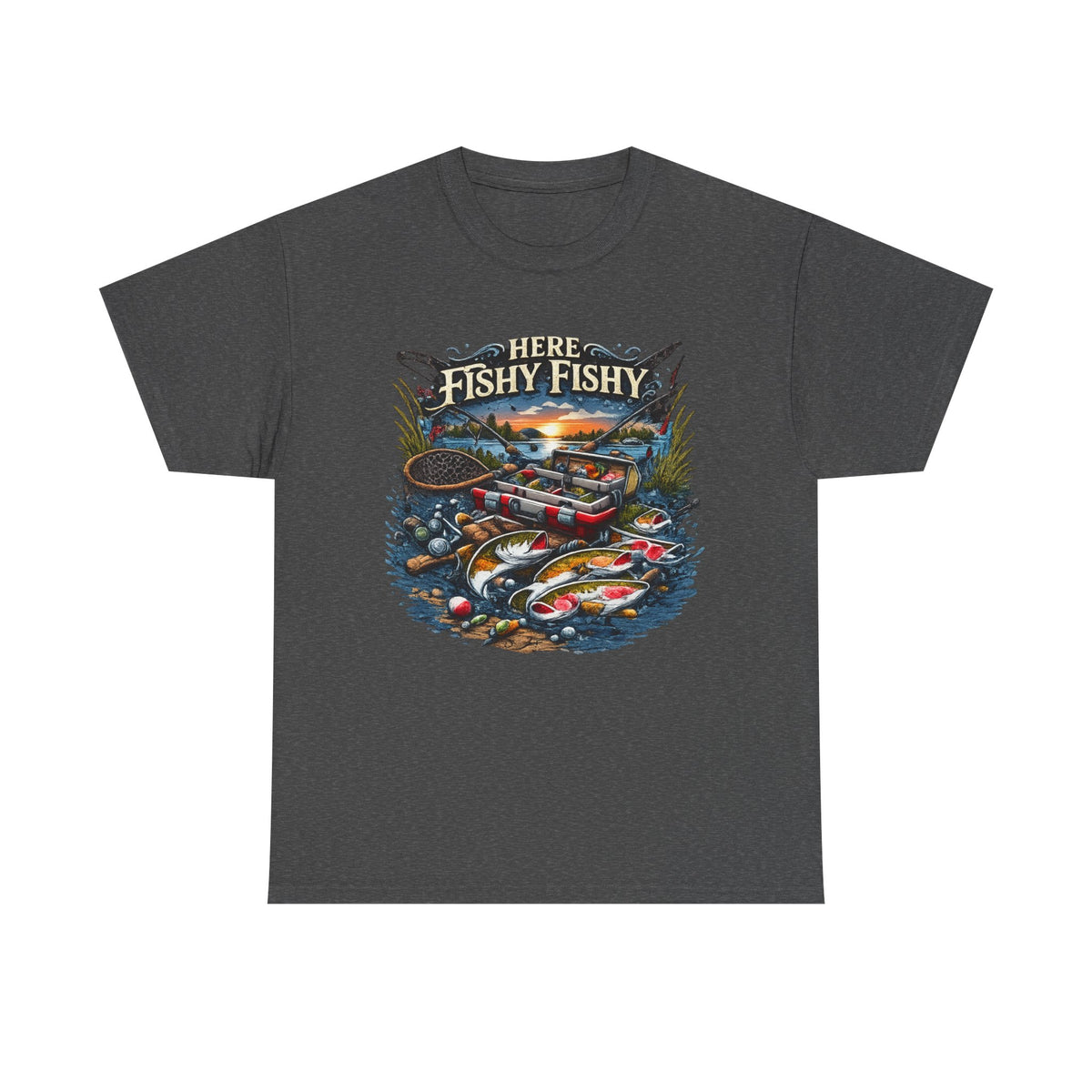 Fishing T‑Shirt — “Here Fishy Fishy” Vintage Boat & Lure Graphic