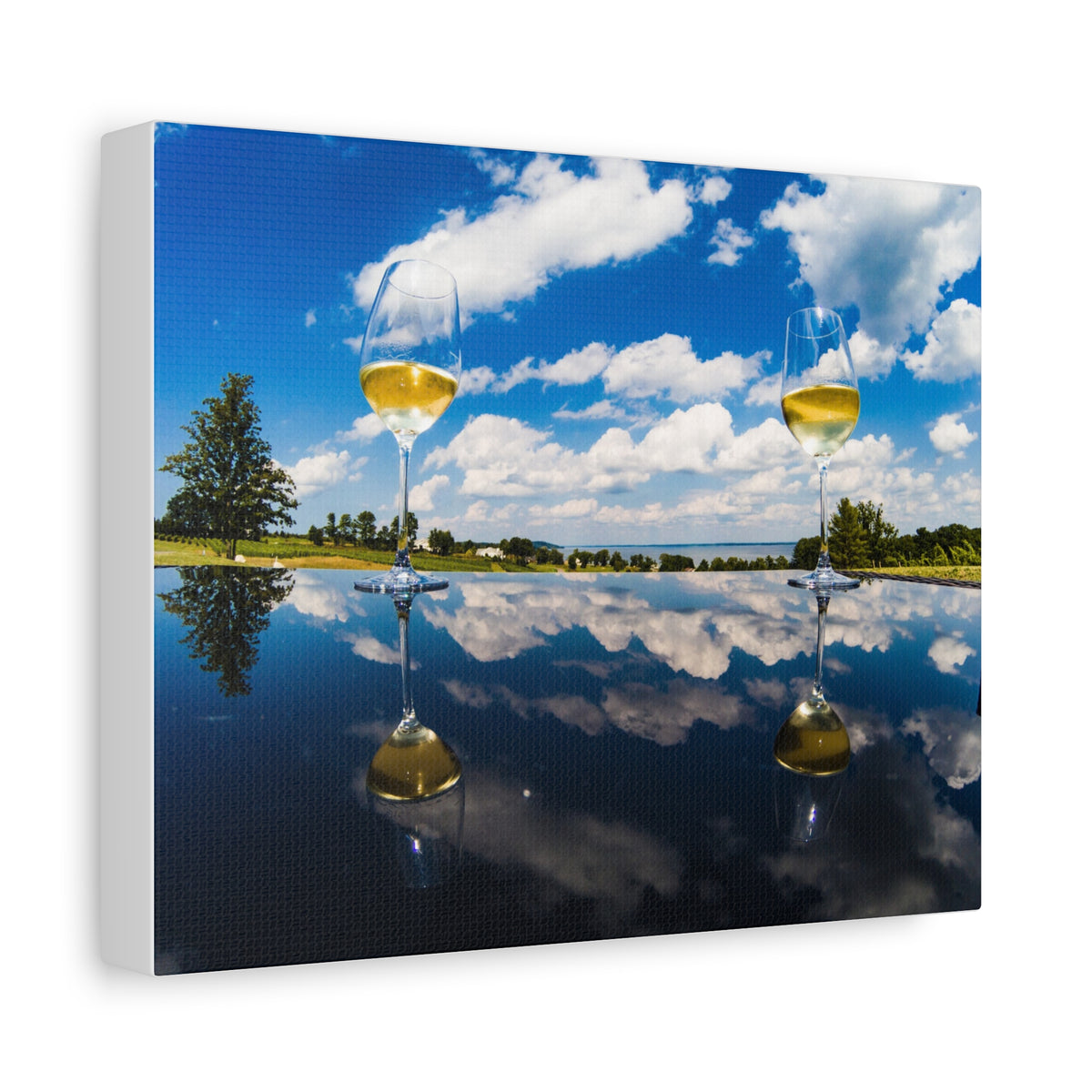 Wine Glass Reflection Canvas Print — Scenic Lake Photography Wall Art