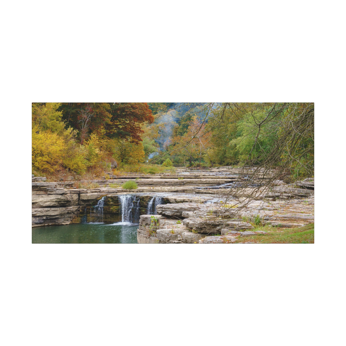 Autumn River Falls Matte Canvas Print — Stretched Landscape Wall Art