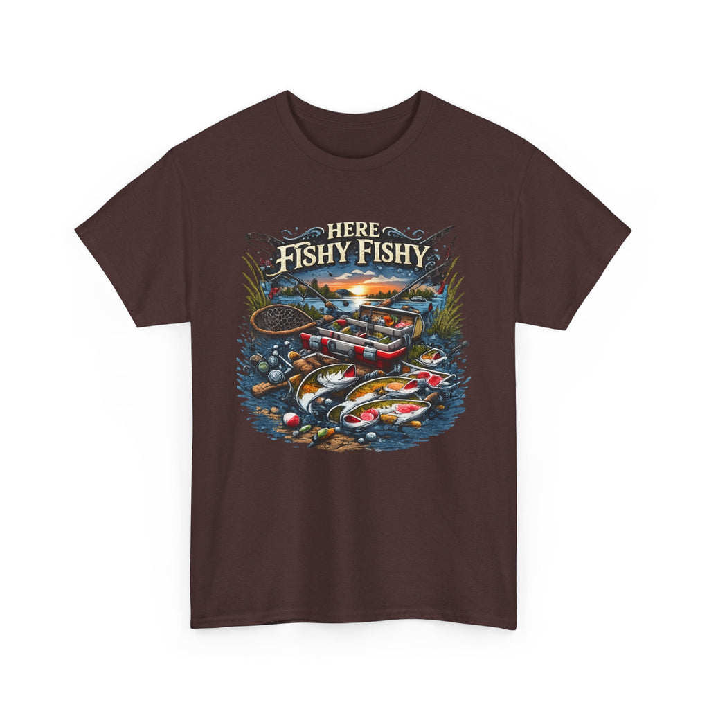 Fishing T‑Shirt — “Here Fishy Fishy” Vintage Boat & Lure Graphic