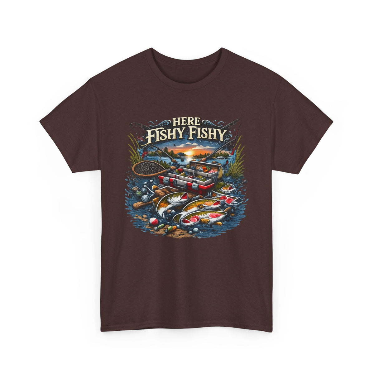 Fishing T‑Shirt — “Here Fishy Fishy” Vintage Boat & Lure Graphic