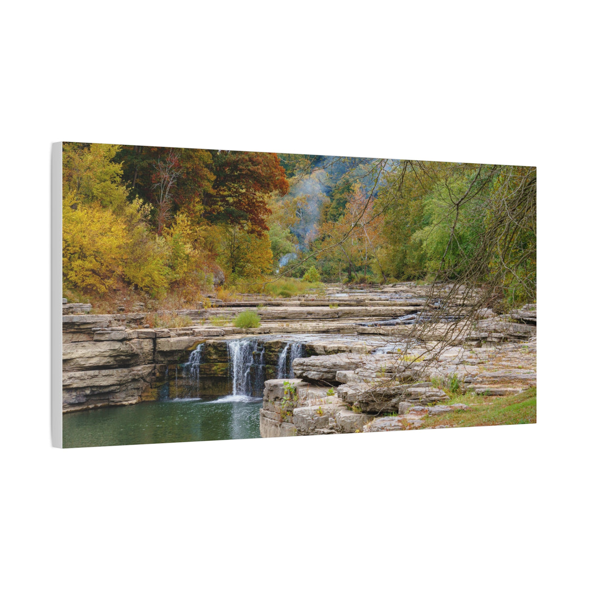 Autumn River Falls Matte Canvas Print — Stretched Landscape Wall Art
