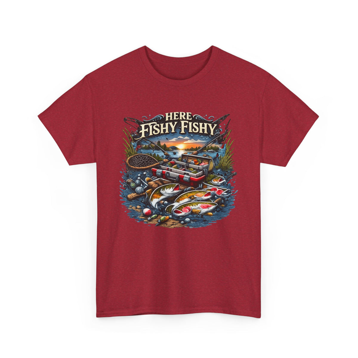 Fishing T‑Shirt — “Here Fishy Fishy” Vintage Boat & Lure Graphic