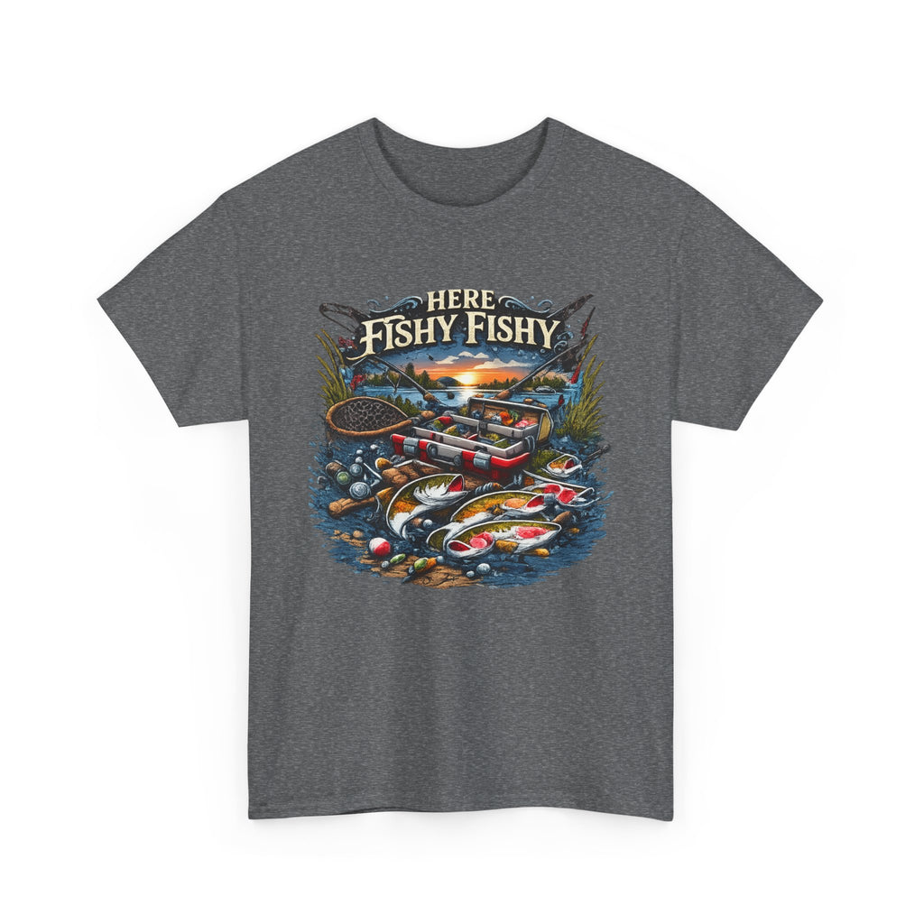 Fishing T‑Shirt — “Here Fishy Fishy” Vintage Boat & Lure Graphic
