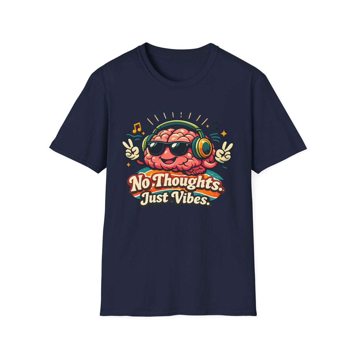 No Thoughts Just Vibes T-Shirt — Retro Brain Headphones Graphic Tee