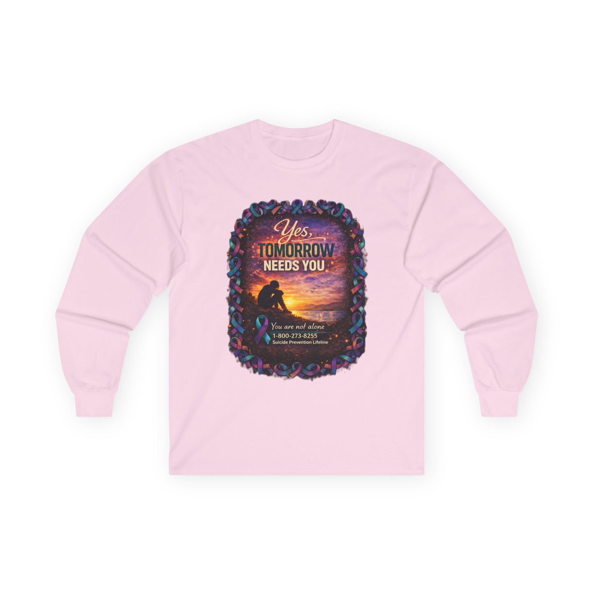 Inspirational Long Sleeve Tee — "Yes, Tomorrow Needs You" Sunset Design