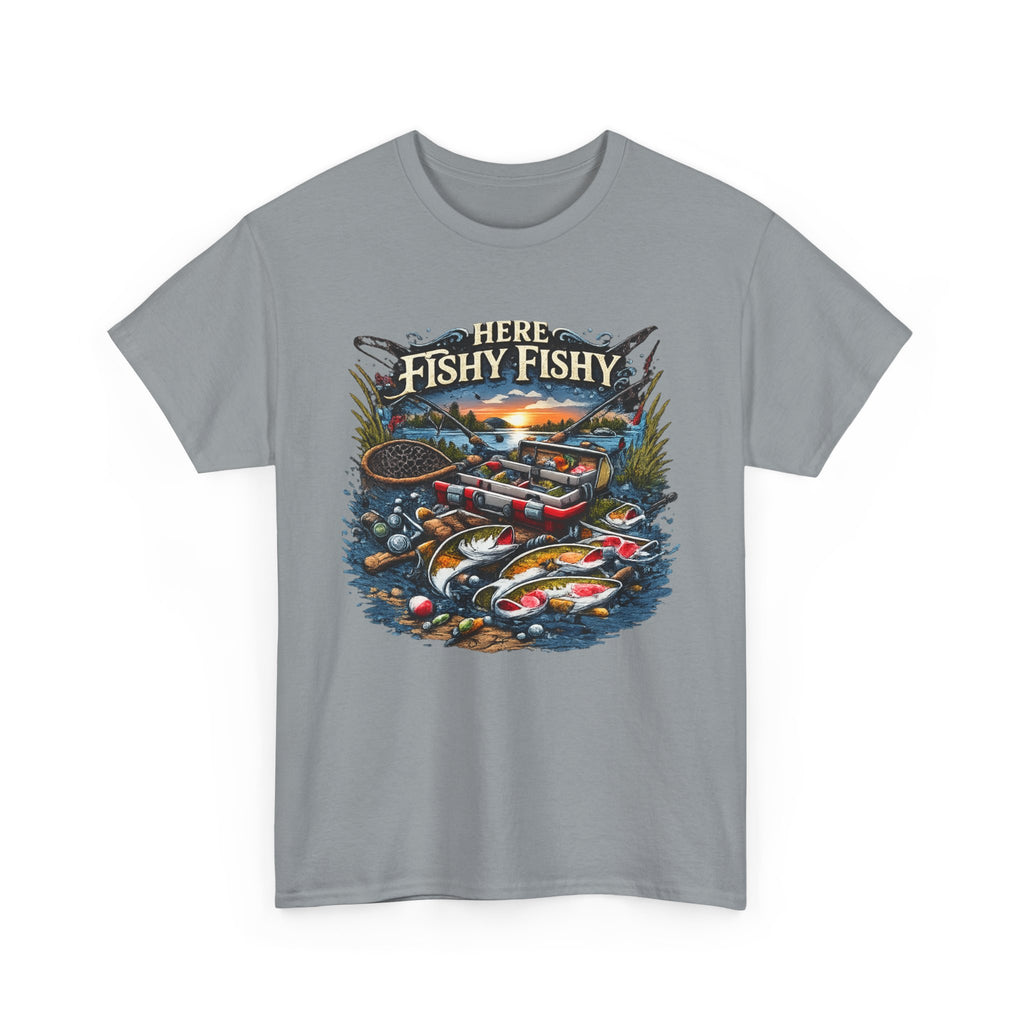 Fishing T‑Shirt — “Here Fishy Fishy” Vintage Boat & Lure Graphic