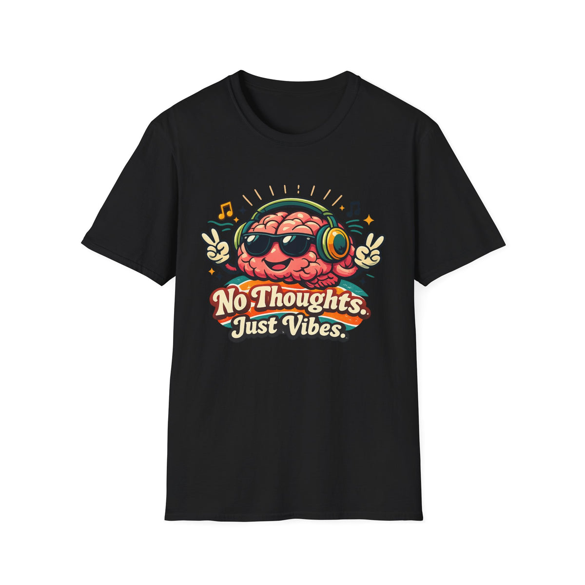 No Thoughts Just Vibes T-Shirt — Retro Brain Headphones Graphic Tee