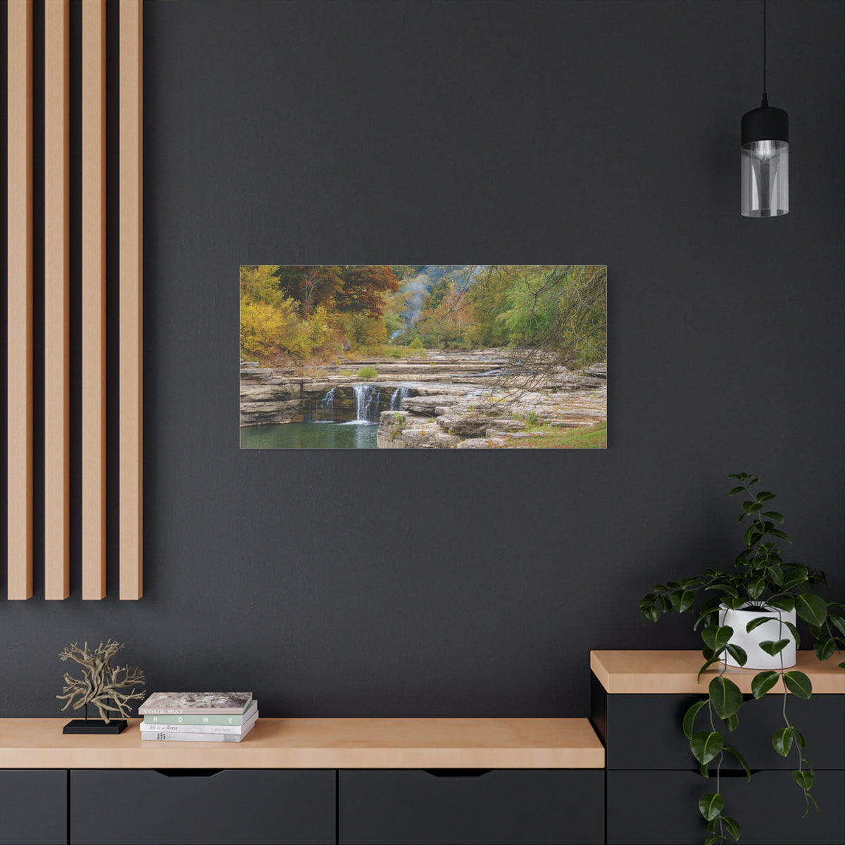 Autumn River Falls Matte Canvas Print — Stretched Landscape Wall Art