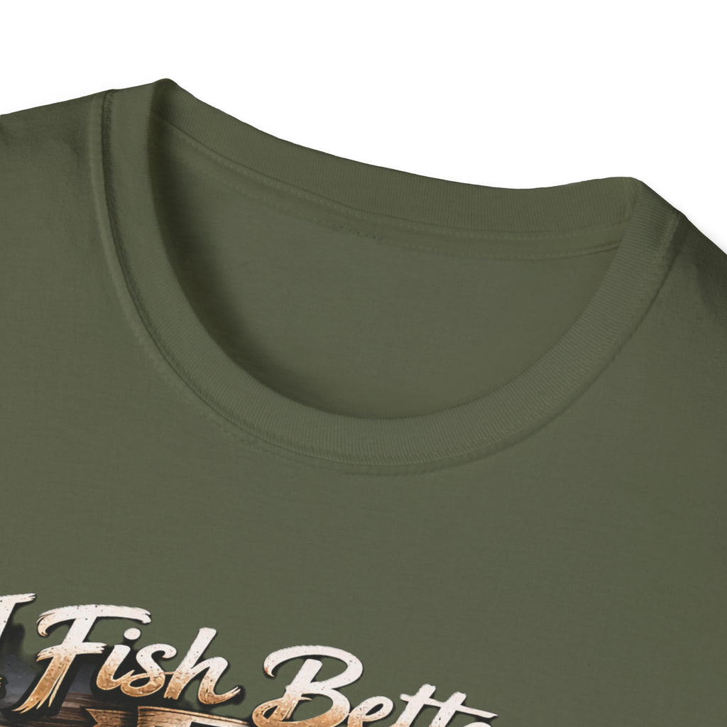 Fishing T-Shirt — "I Fish Better Than Lt. Dan" Rustic Boat & Sunset Graphic