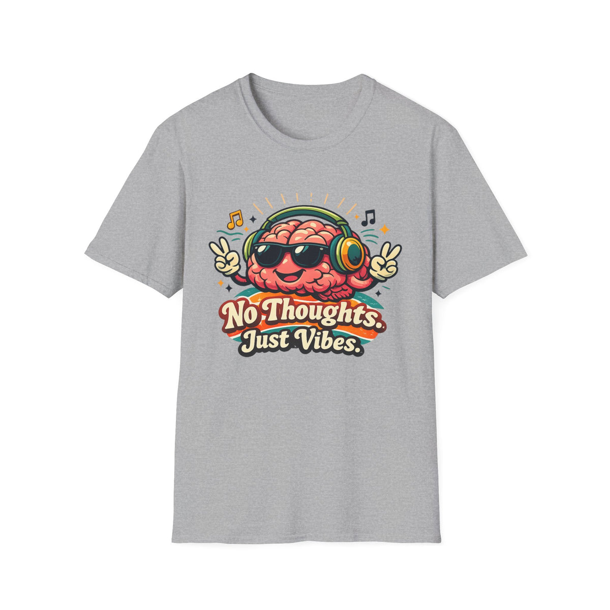 No Thoughts Just Vibes T-Shirt — Retro Brain Headphones Graphic Tee