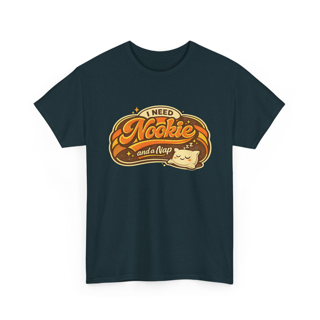T-Shirt — "I Need Nookie and a Nap" Cute Retro Cat Nap Graphic Tee