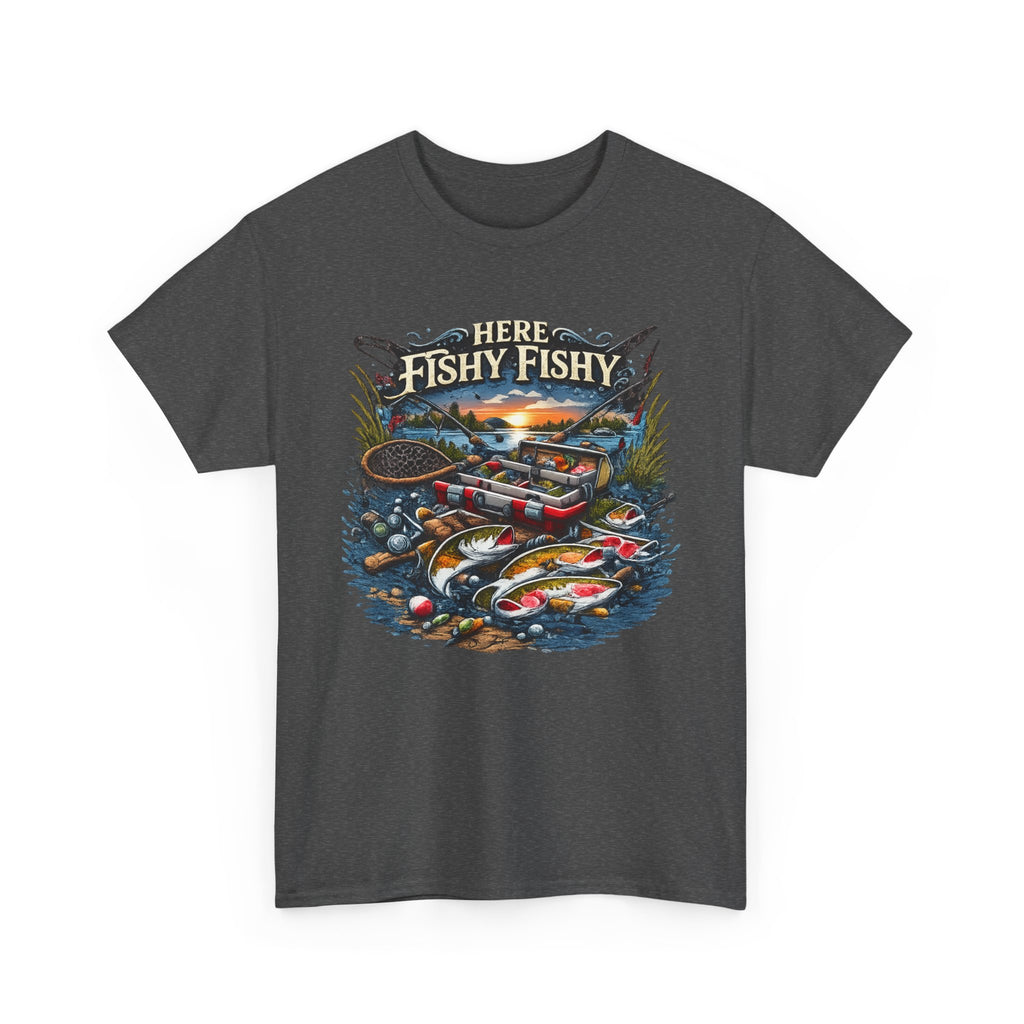 Fishing T‑Shirt — “Here Fishy Fishy” Vintage Boat & Lure Graphic