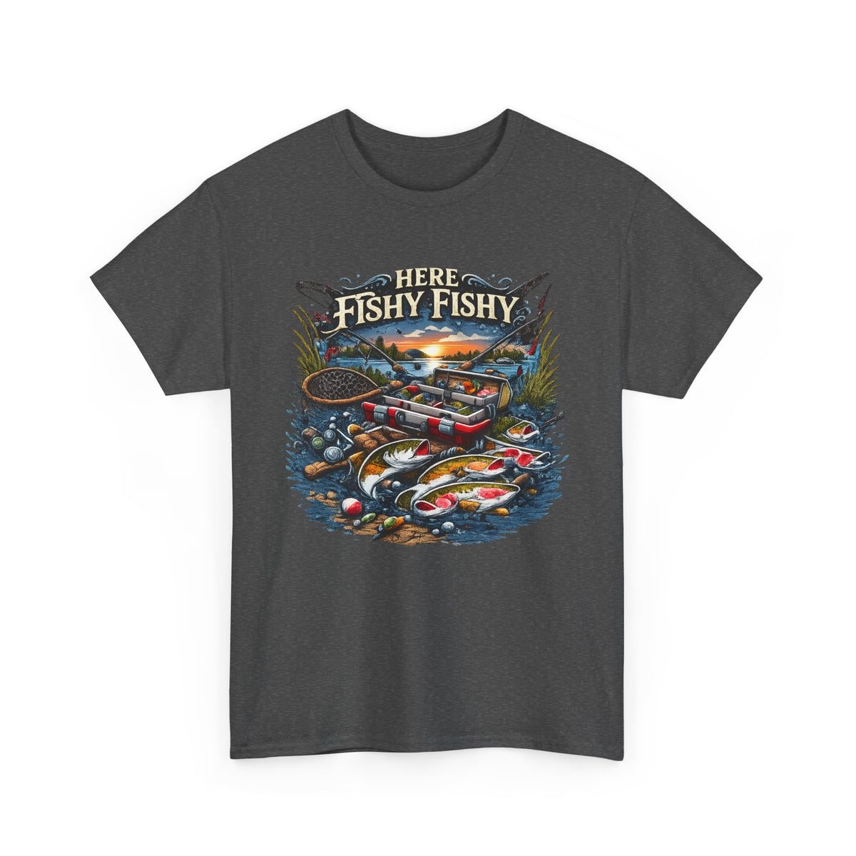 Fishing T‑Shirt — “Here Fishy Fishy” Vintage Boat & Lure Graphic