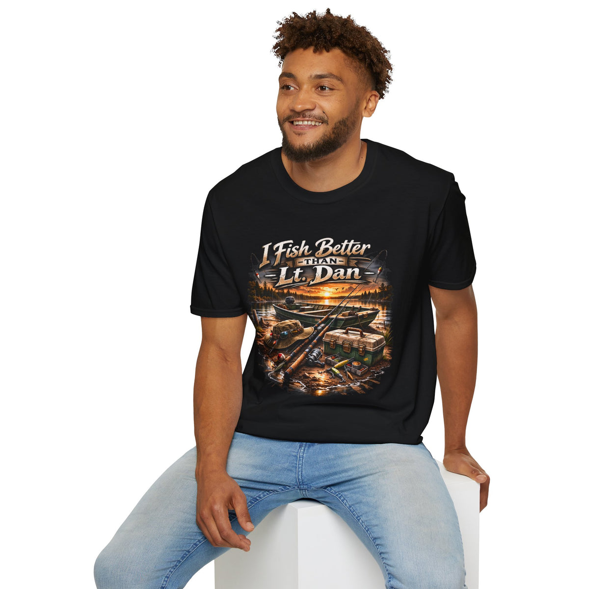 Fishing T-Shirt — "I Fish Better Than Lt. Dan" Rustic Boat & Sunset Graphic