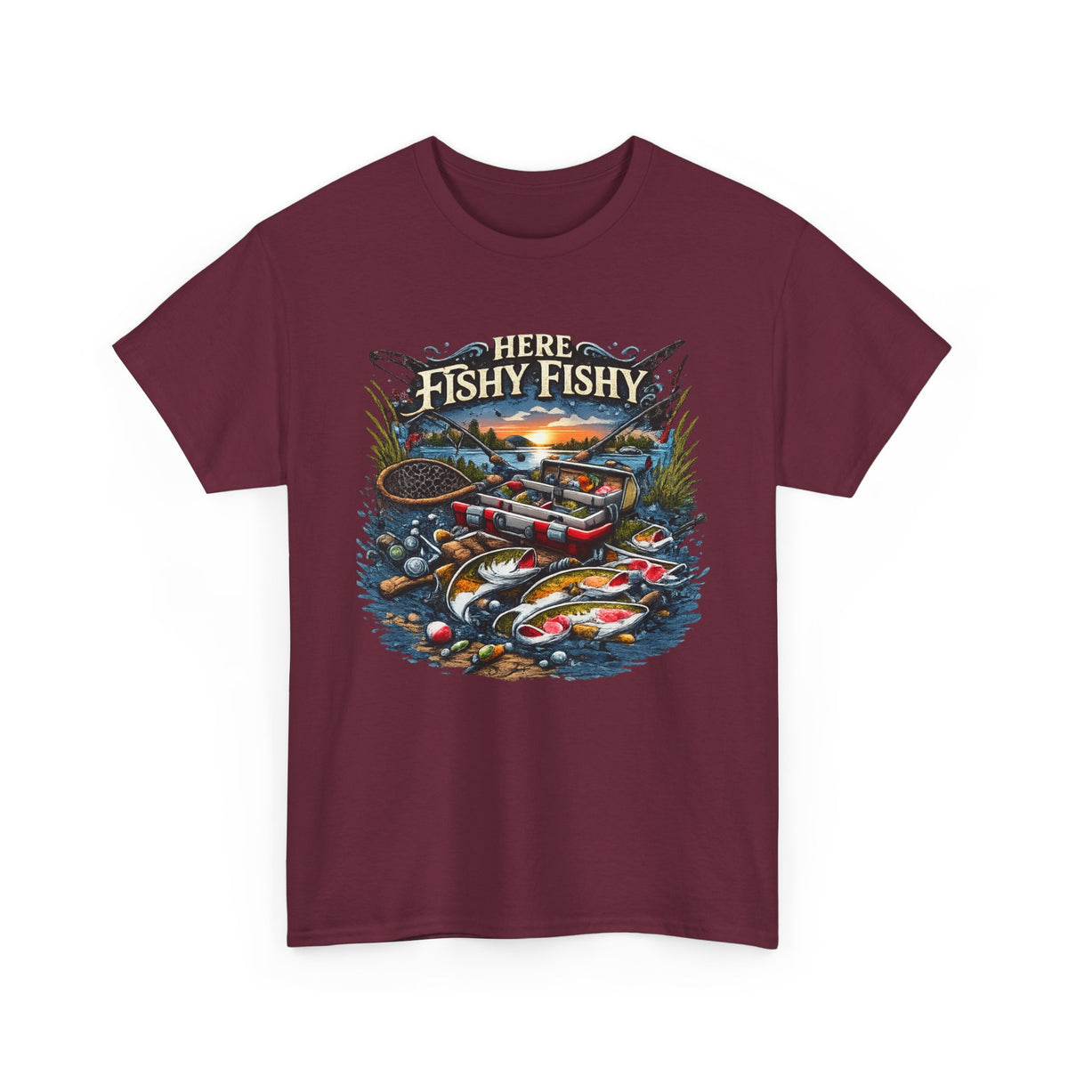 Fishing T‑Shirt — “Here Fishy Fishy” Vintage Boat & Lure Graphic