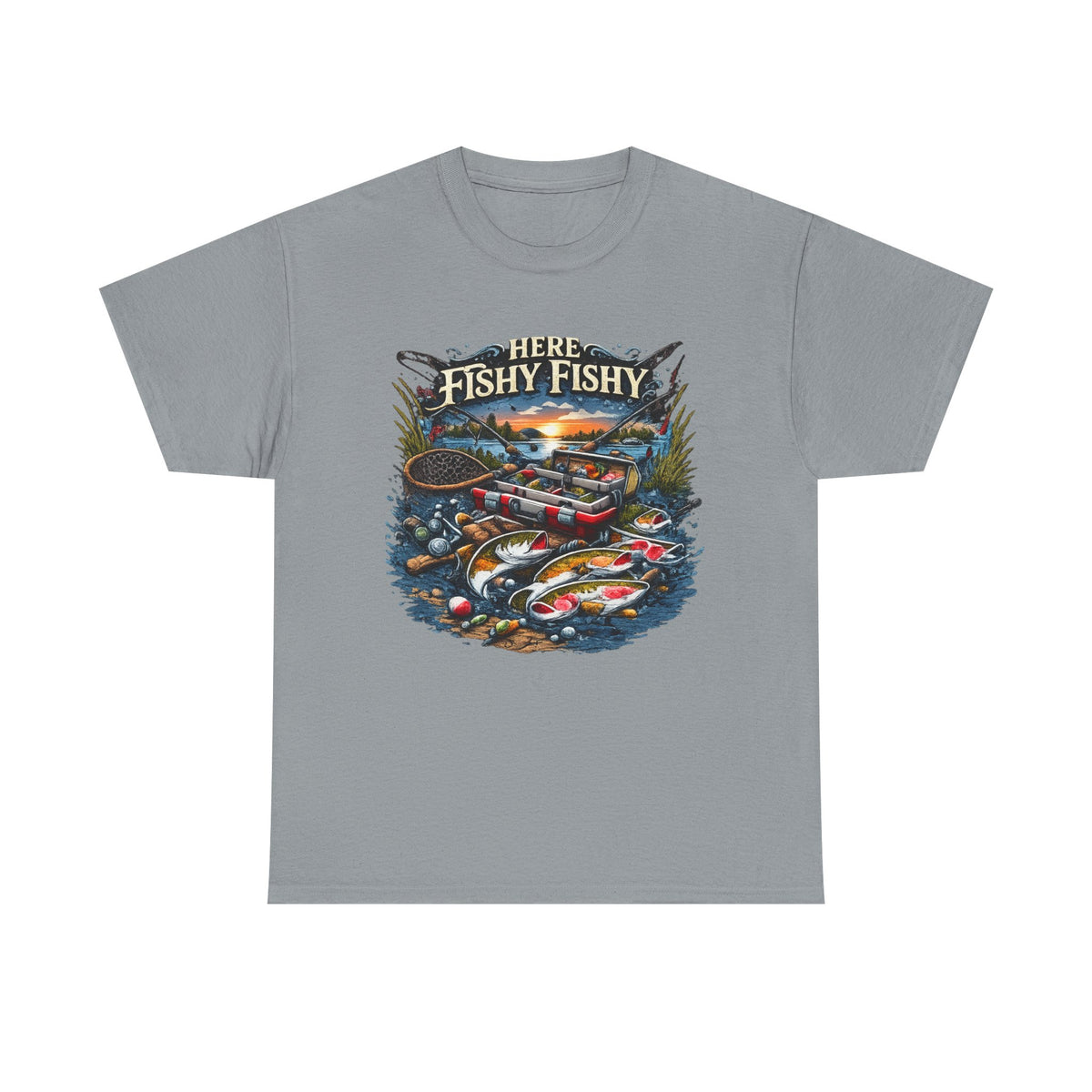 Fishing T‑Shirt — “Here Fishy Fishy” Vintage Boat & Lure Graphic