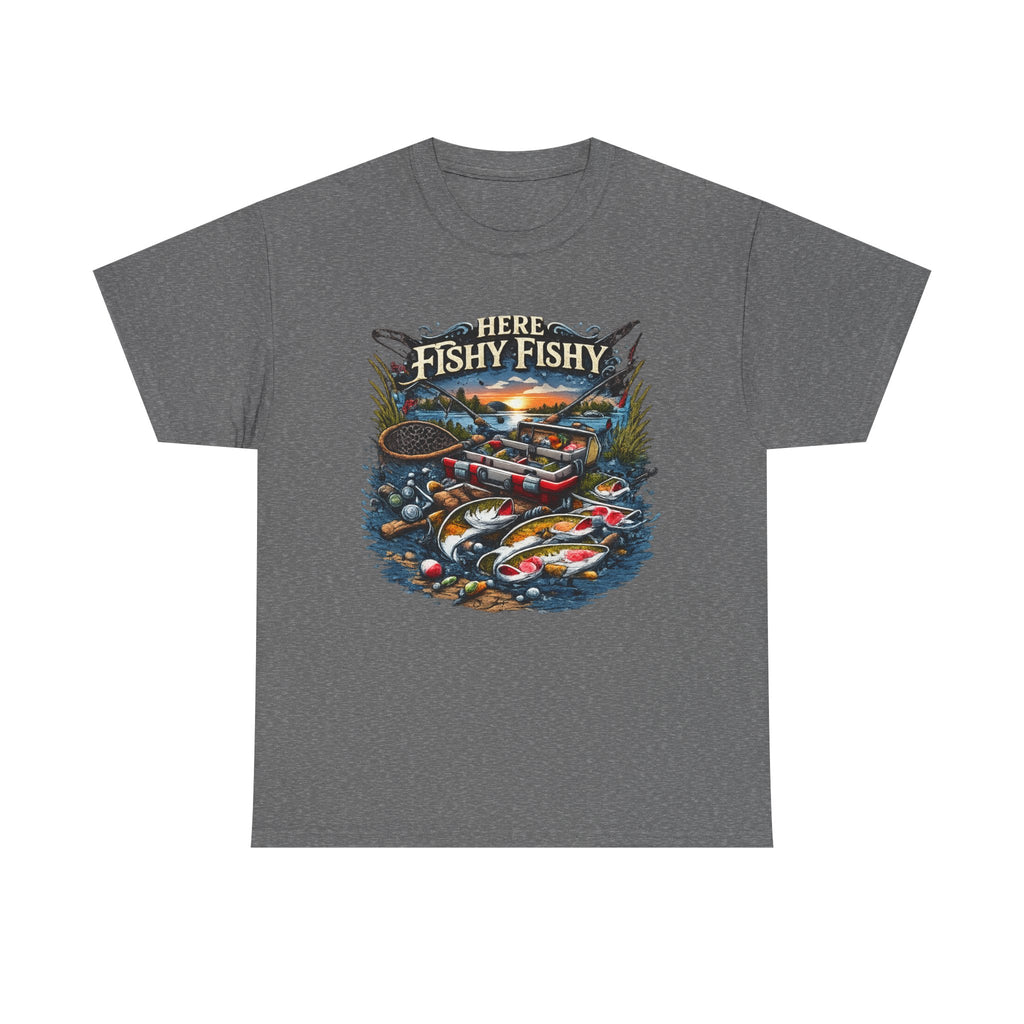 Fishing T‑Shirt — “Here Fishy Fishy” Vintage Boat & Lure Graphic