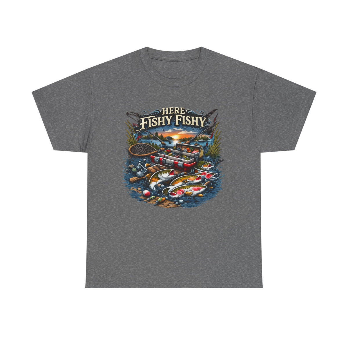 Fishing T‑Shirt — “Here Fishy Fishy” Vintage Boat & Lure Graphic