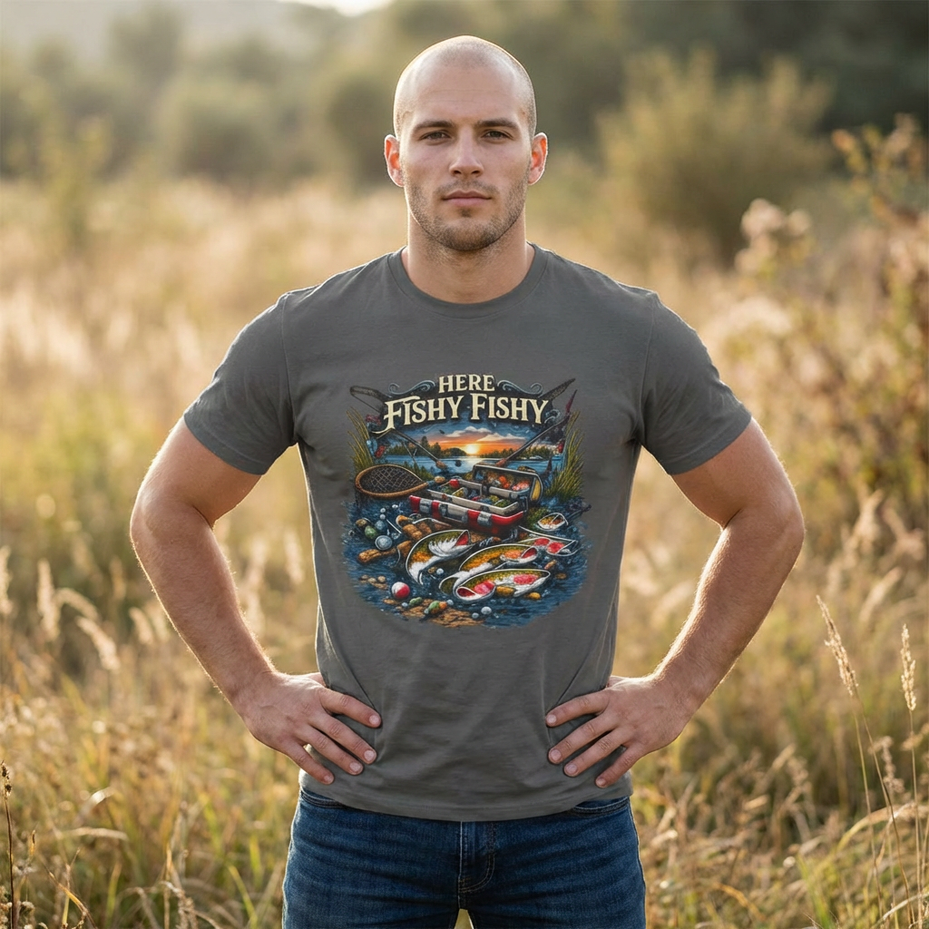 Fishing T‑Shirt — “Here Fishy Fishy” Vintage Boat & Lure Graphic