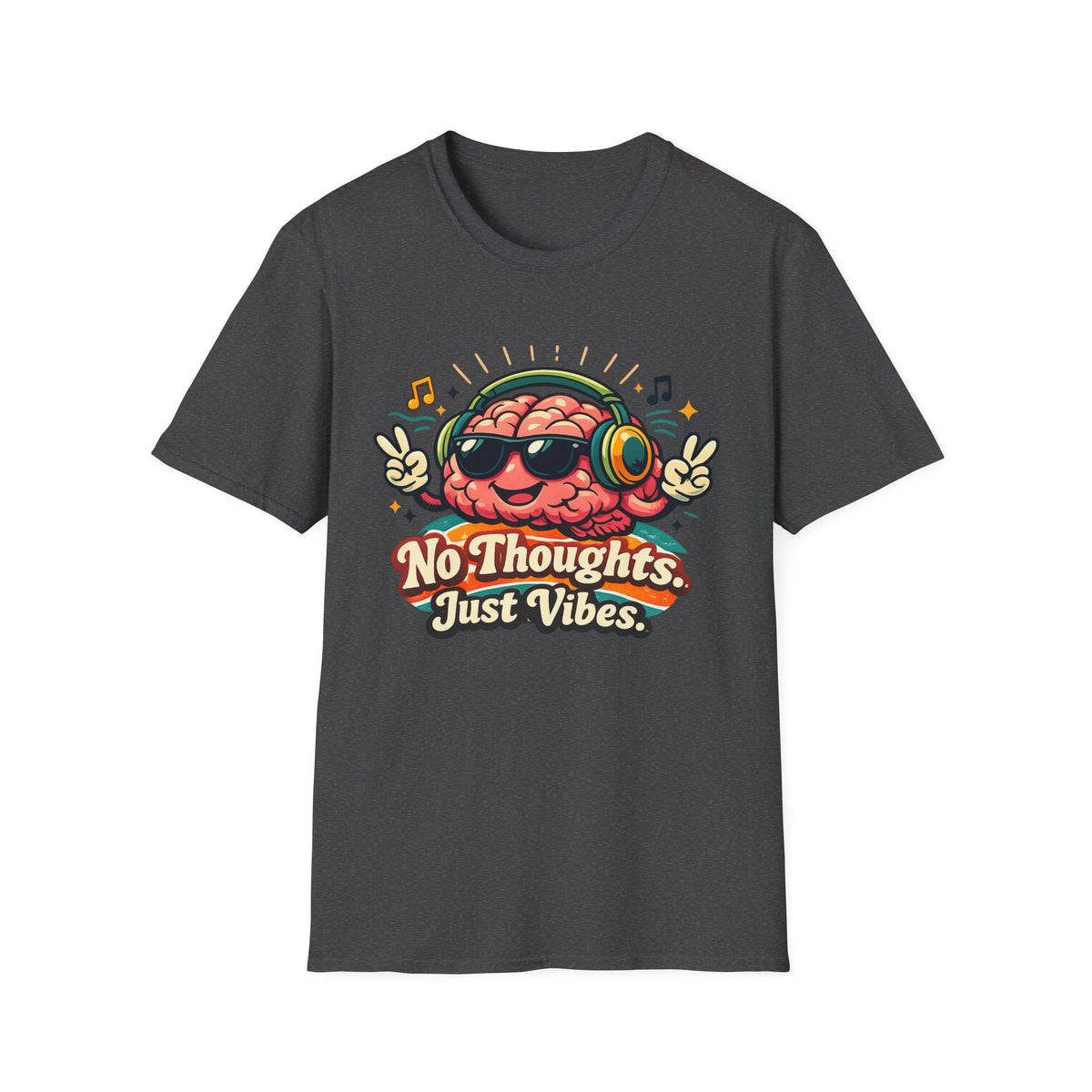 No Thoughts Just Vibes T-Shirt — Retro Brain Headphones Graphic Tee