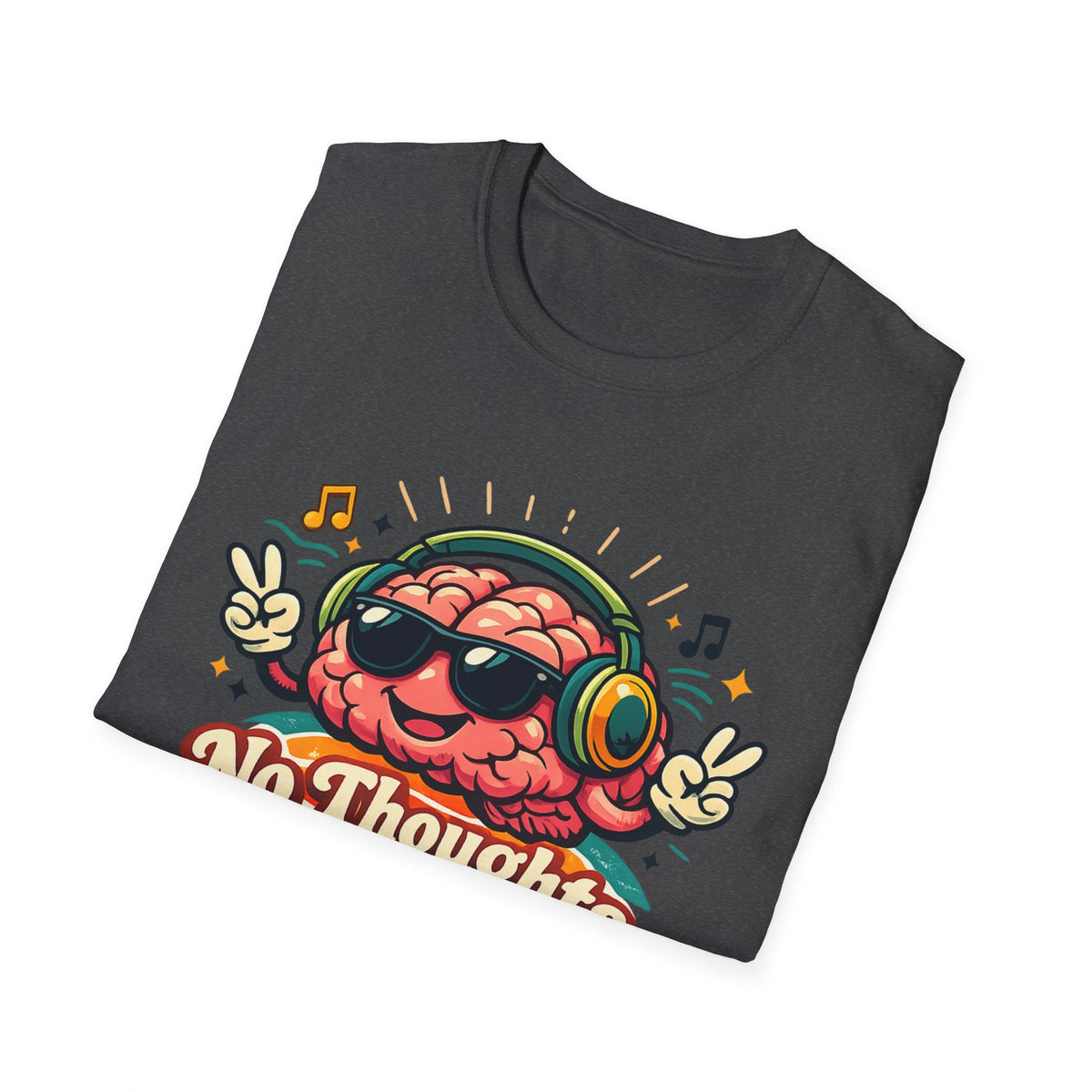 No Thoughts Just Vibes T-Shirt — Retro Brain Headphones Graphic Tee
