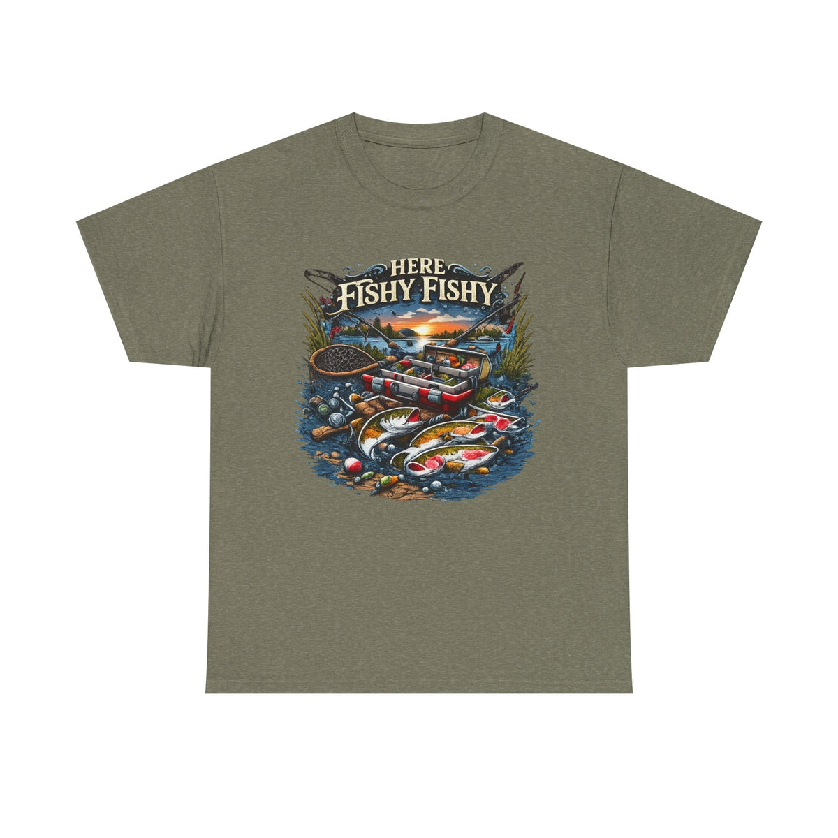 Fishing T‑Shirt — “Here Fishy Fishy” Vintage Boat & Lure Graphic