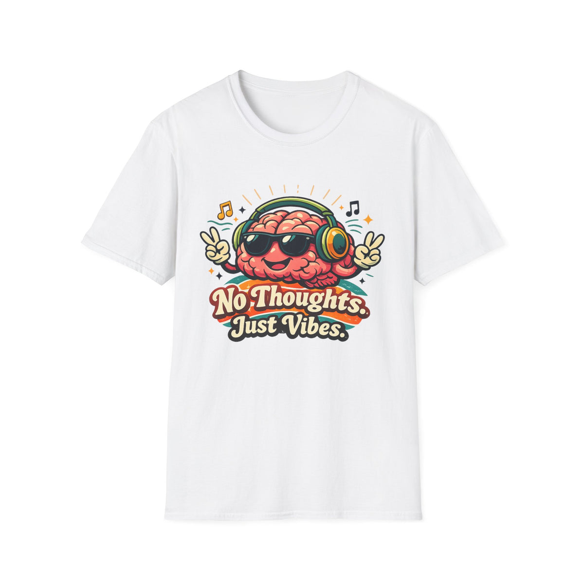 No Thoughts Just Vibes T-Shirt — Retro Brain Headphones Graphic Tee
