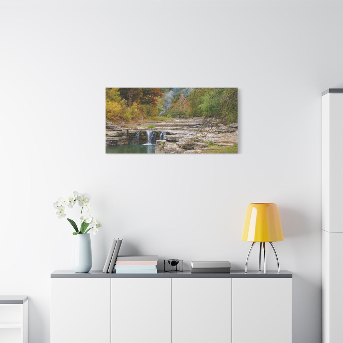 Autumn River Falls Matte Canvas Print — Stretched Landscape Wall Art