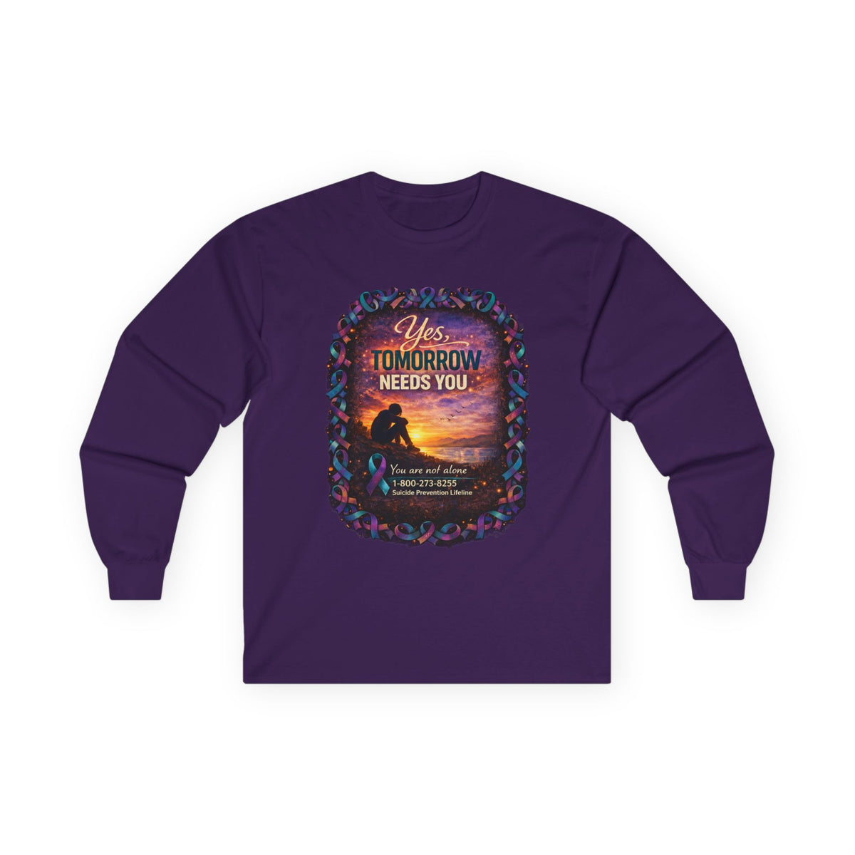 Inspirational Long Sleeve Tee — "Yes, Tomorrow Needs You" Sunset Design