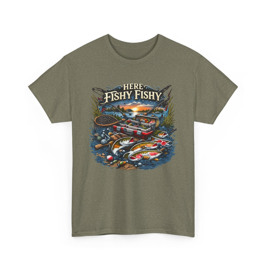 Fishing T‑Shirt — “Here Fishy Fishy” Vintage Boat & Lure Graphic