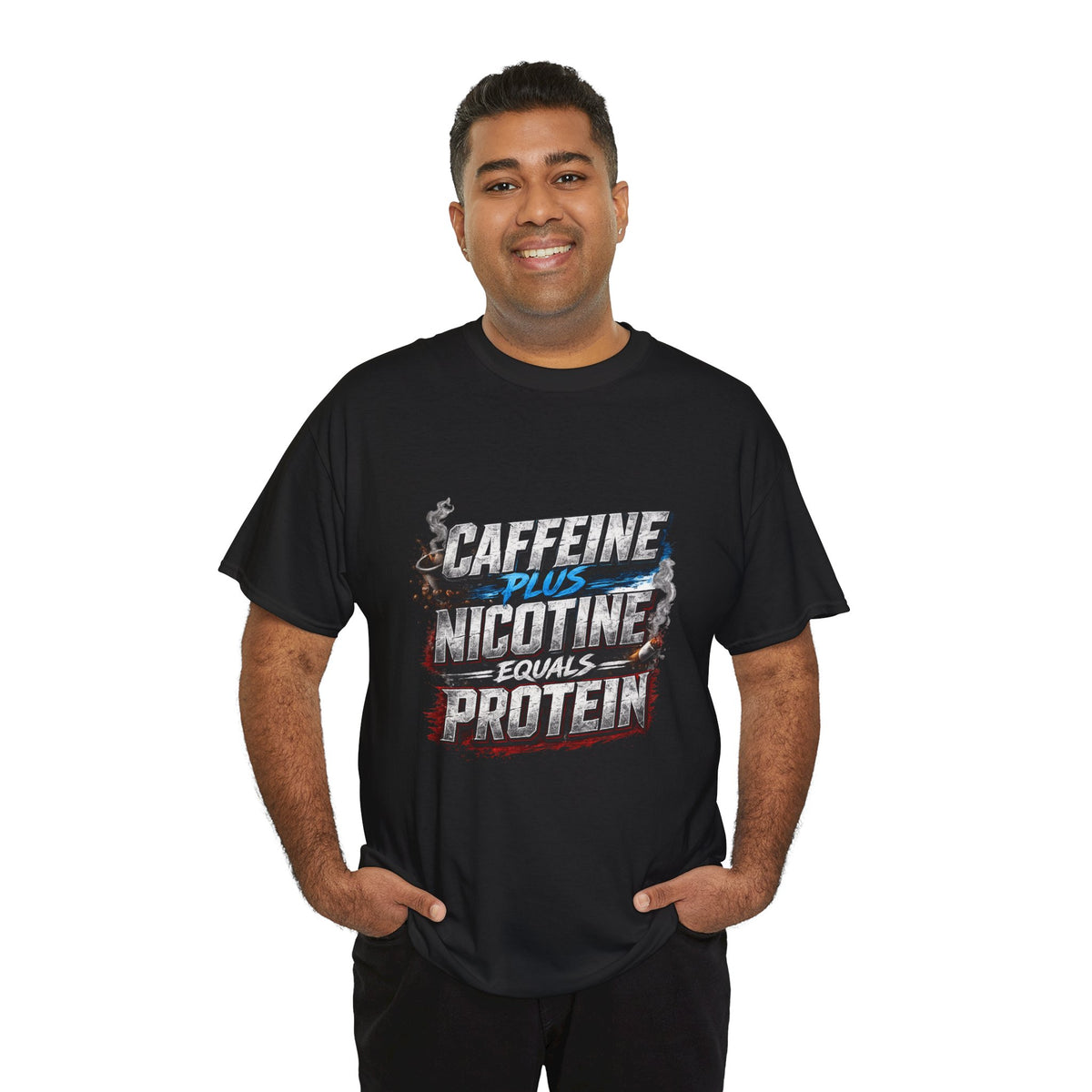 T-Shirt — "Caffeine + Nicotine = Protein" Graphic Tee
