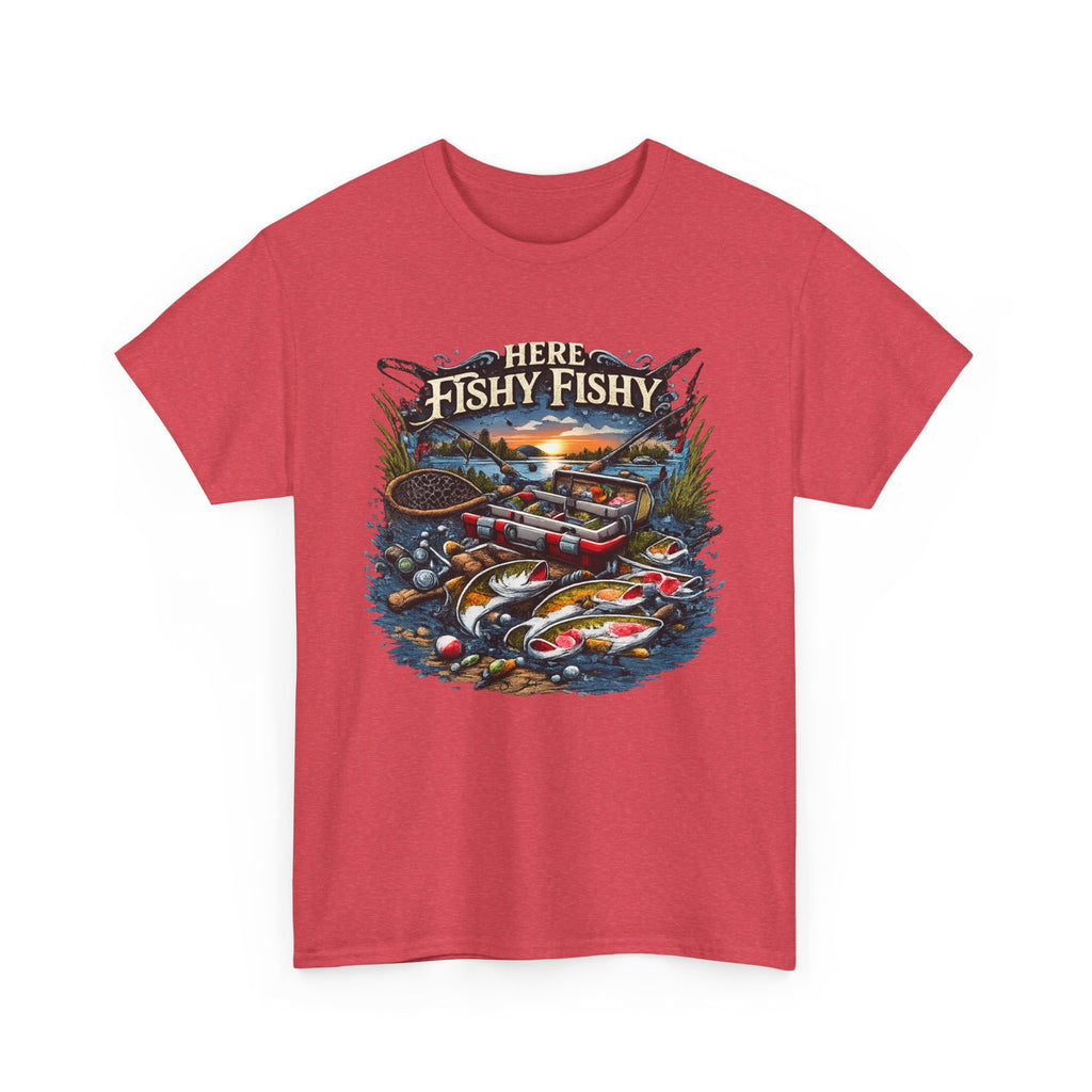 Fishing T‑Shirt — “Here Fishy Fishy” Vintage Boat & Lure Graphic