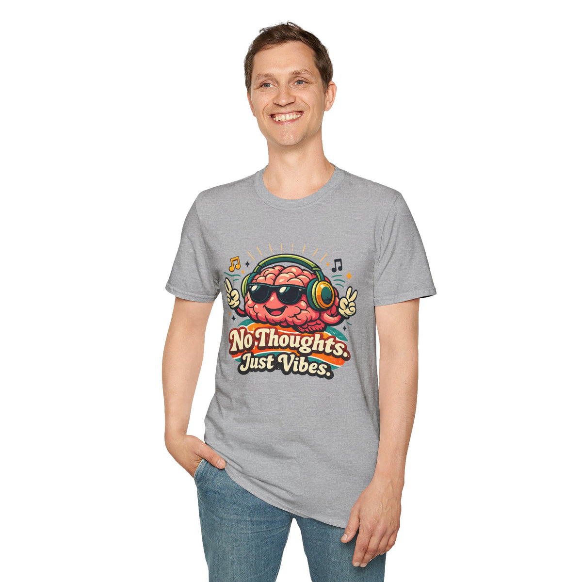 No Thoughts Just Vibes T-Shirt — Retro Brain Headphones Graphic Tee