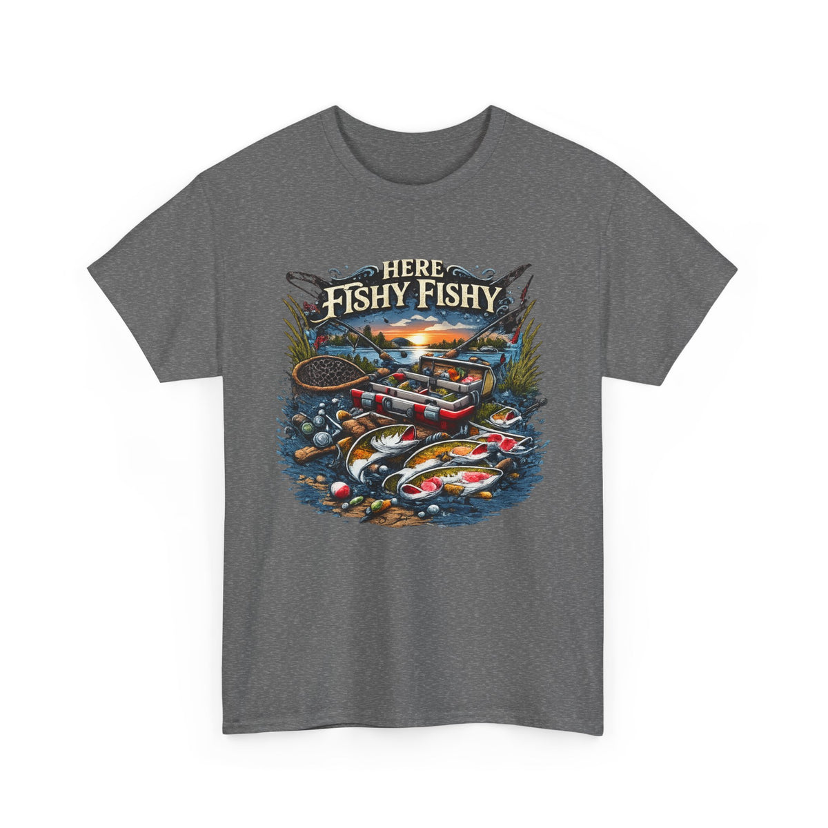 Fishing T‑Shirt — “Here Fishy Fishy” Vintage Boat & Lure Graphic