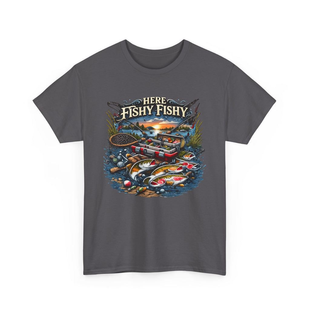 Fishing T‑Shirt — “Here Fishy Fishy” Vintage Boat & Lure Graphic