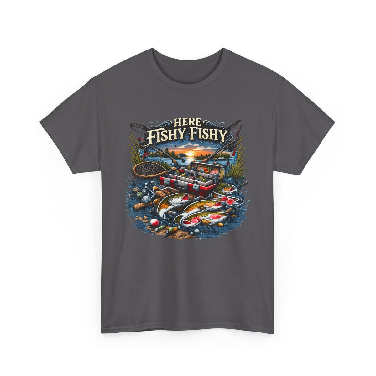 Fishing T‑Shirt — “Here Fishy Fishy” Vintage Boat & Lure Graphic