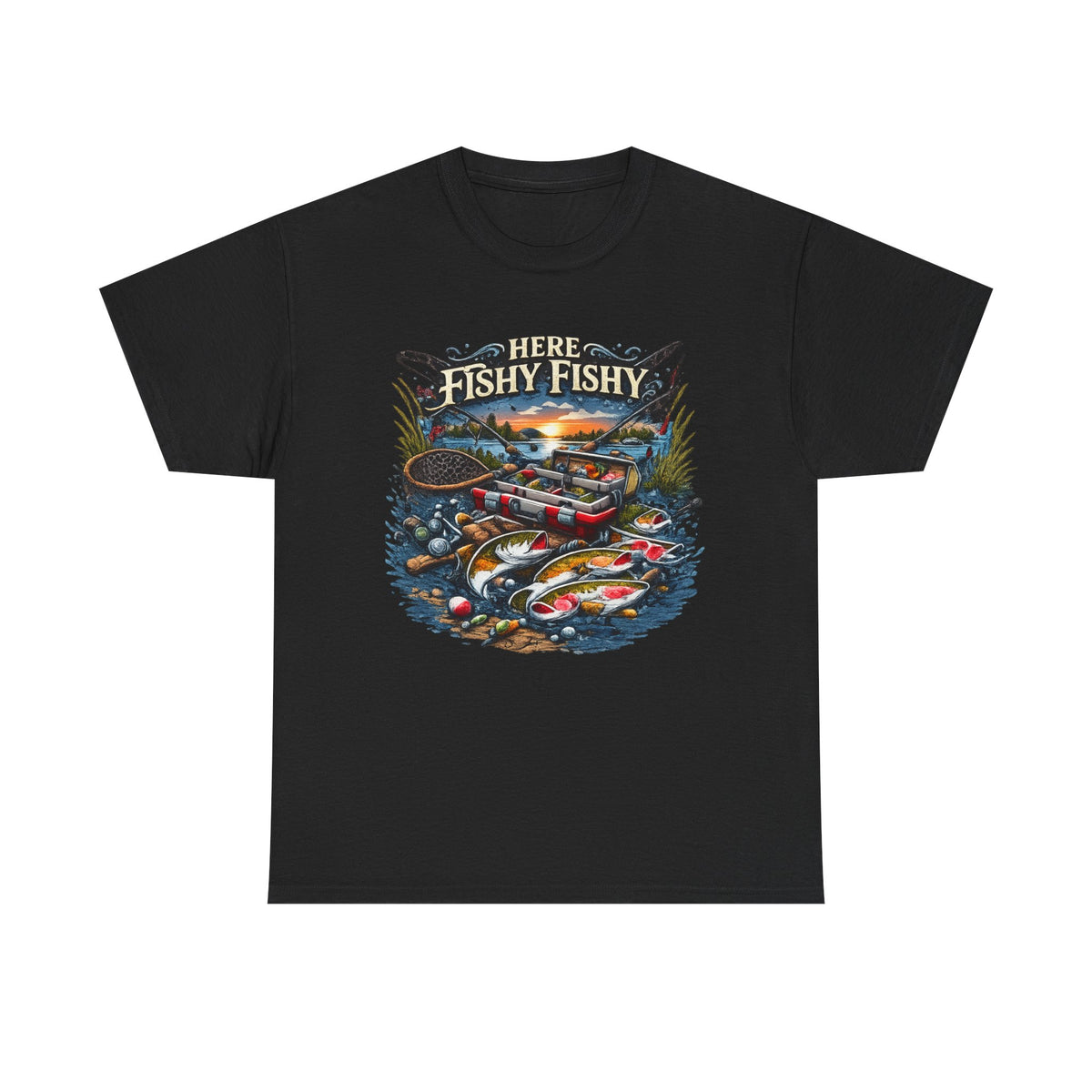 Fishing T‑Shirt — “Here Fishy Fishy” Vintage Boat & Lure Graphic
