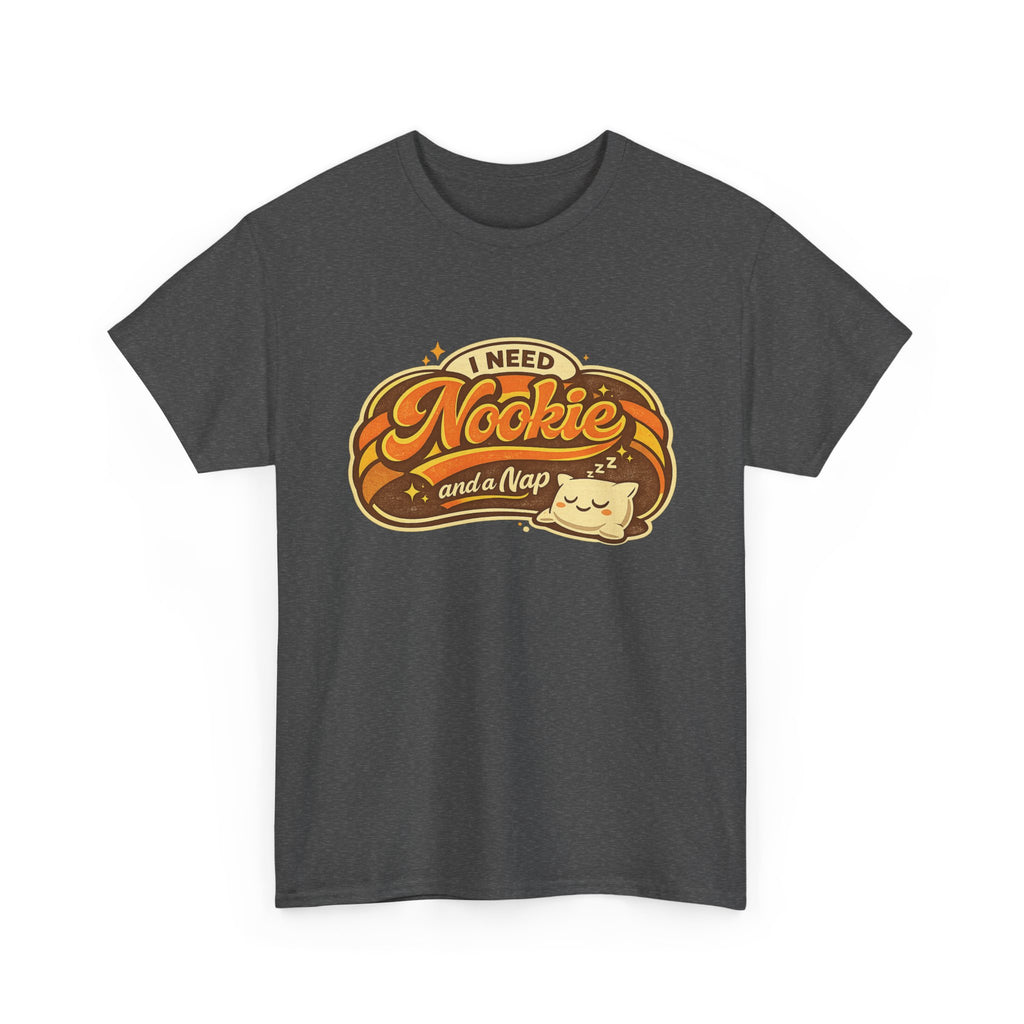 T-Shirt — "I Need Nookie and a Nap" Cute Retro Cat Nap Graphic Tee