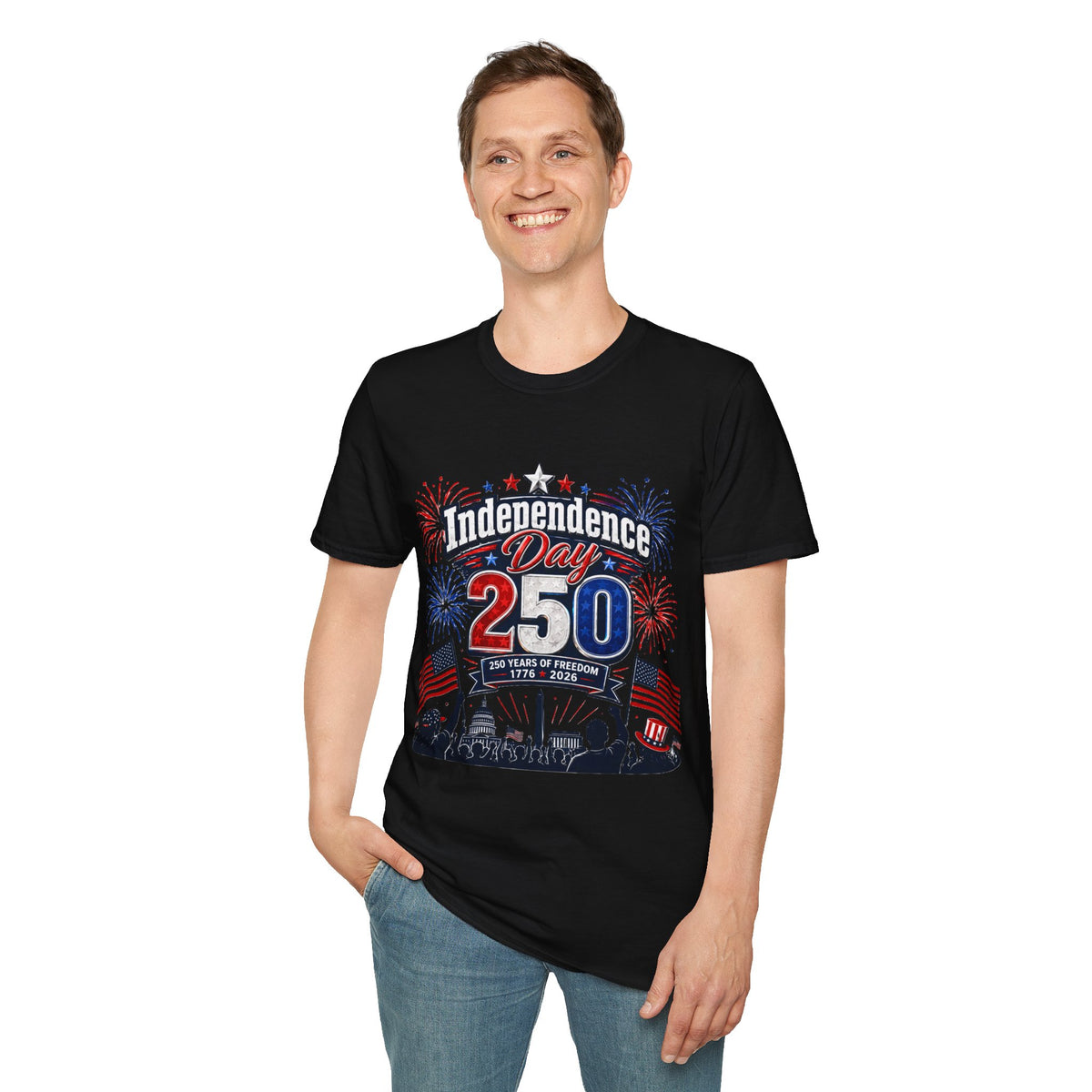 Independence Day 250 T-Shirt — Patriotic 4th of July Fireworks Tee