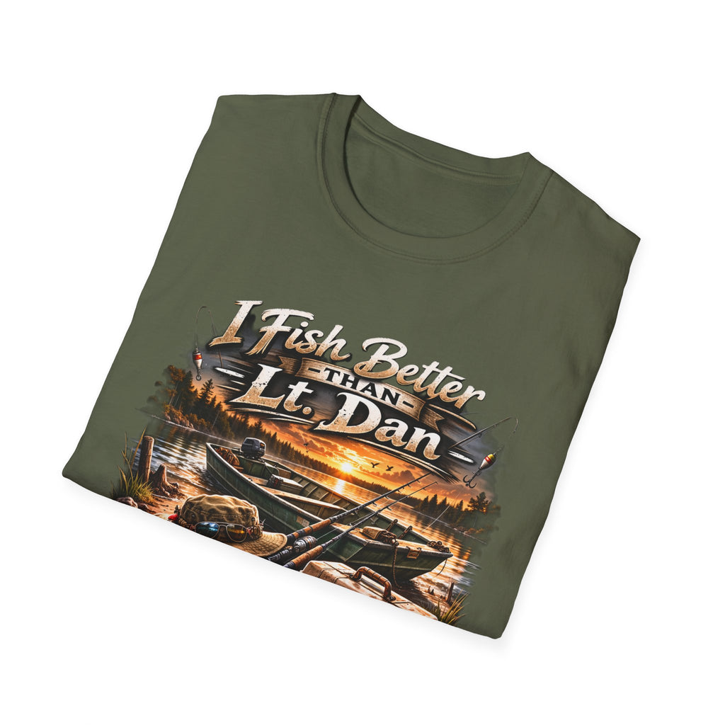 Fishing T-Shirt — "I Fish Better Than Lt. Dan" Rustic Boat & Sunset Graphic